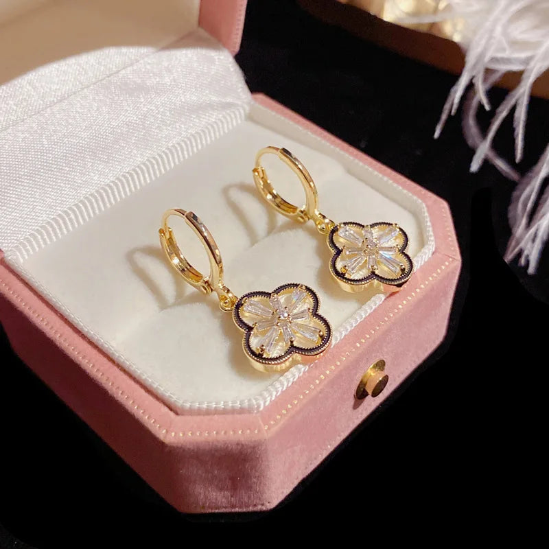 Yupsk Exquisite Elegant Copper Zircon Four-Leaf Flower Dangle Earrings for Women Girls Golden Anniversary Birthday Jewelry