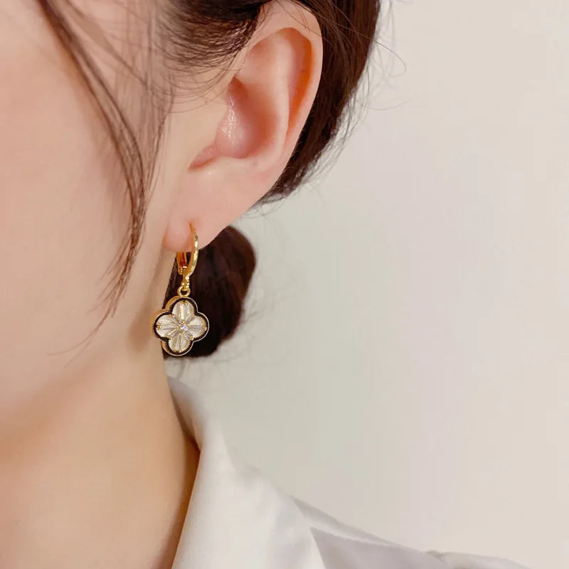 Yupsk Exquisite Elegant Copper Zircon Four-Leaf Flower Dangle Earrings for Women Girls Golden Anniversary Birthday Jewelry