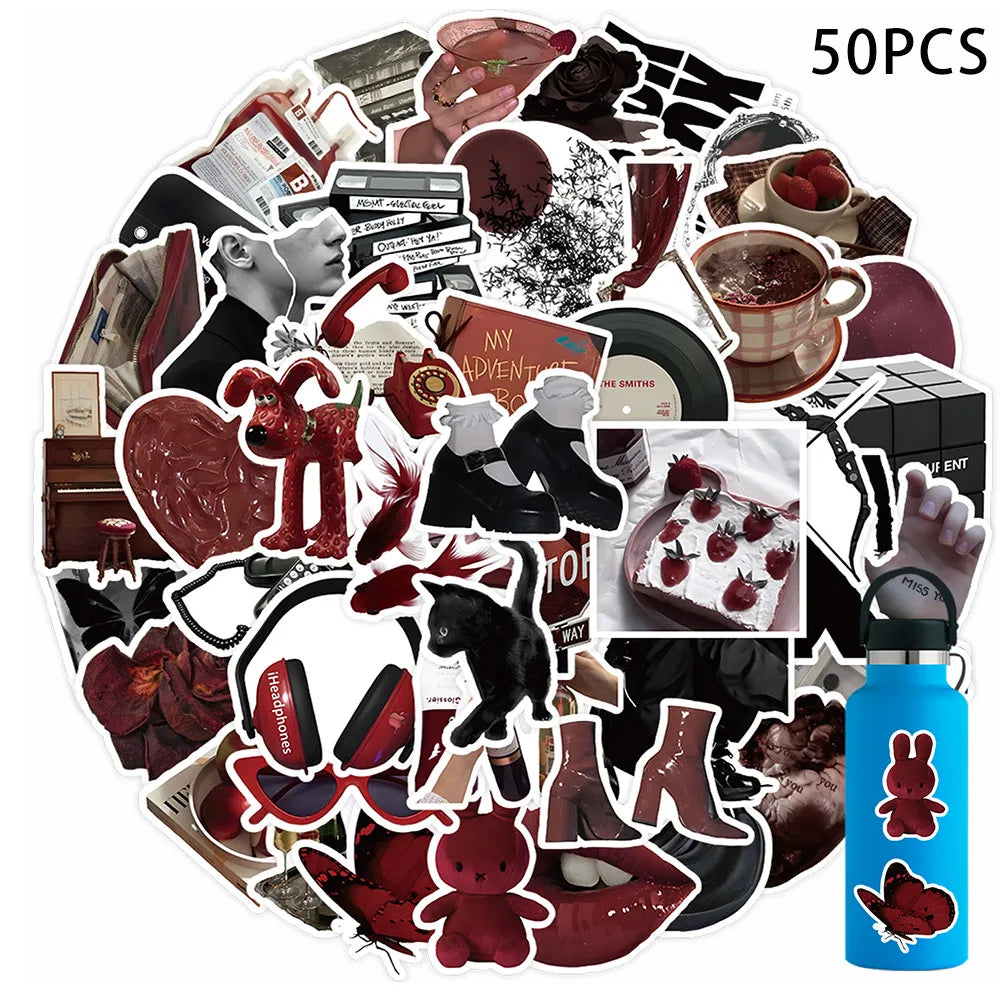 50 Pieces Red & Black Themed Stickers - Decorative Decals for Journals, Phone Cases & Laptops RecordingYourLife Store
