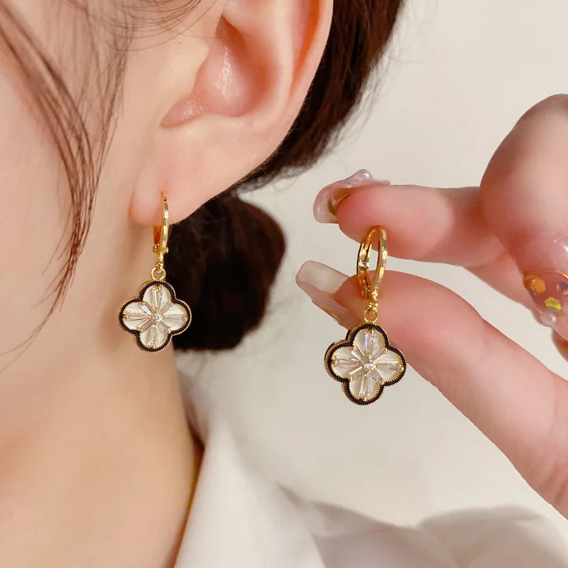 Yupsk Exquisite Elegant Copper Zircon Four-Leaf Flower Dangle Earrings for Women Girls Golden Anniversary Birthday Jewelry
