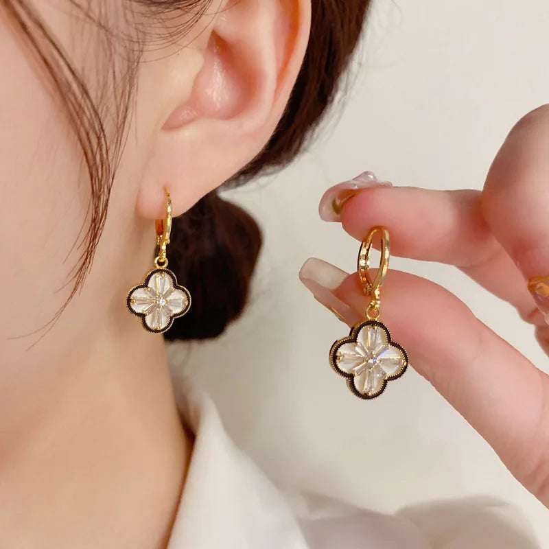 Yupsk Exquisite Elegant Copper Zircon Four-Leaf Flower Dangle Earrings for Women Girls Golden Anniversary Birthday Jewelry